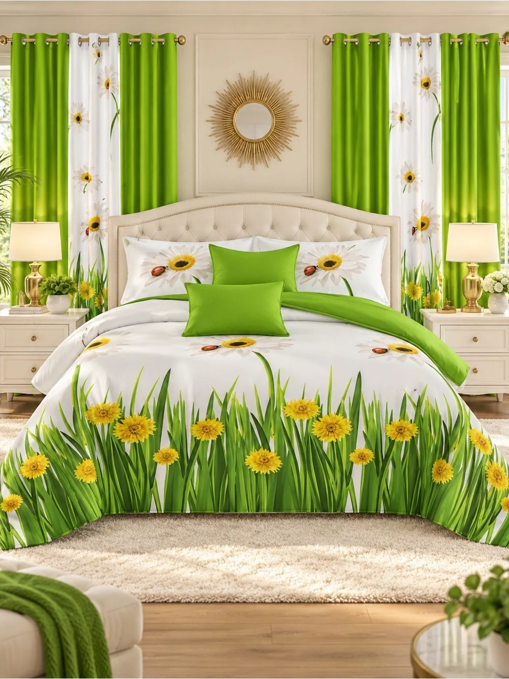 Floral Dandelion Green Bed sheets Set - Bright Green & White